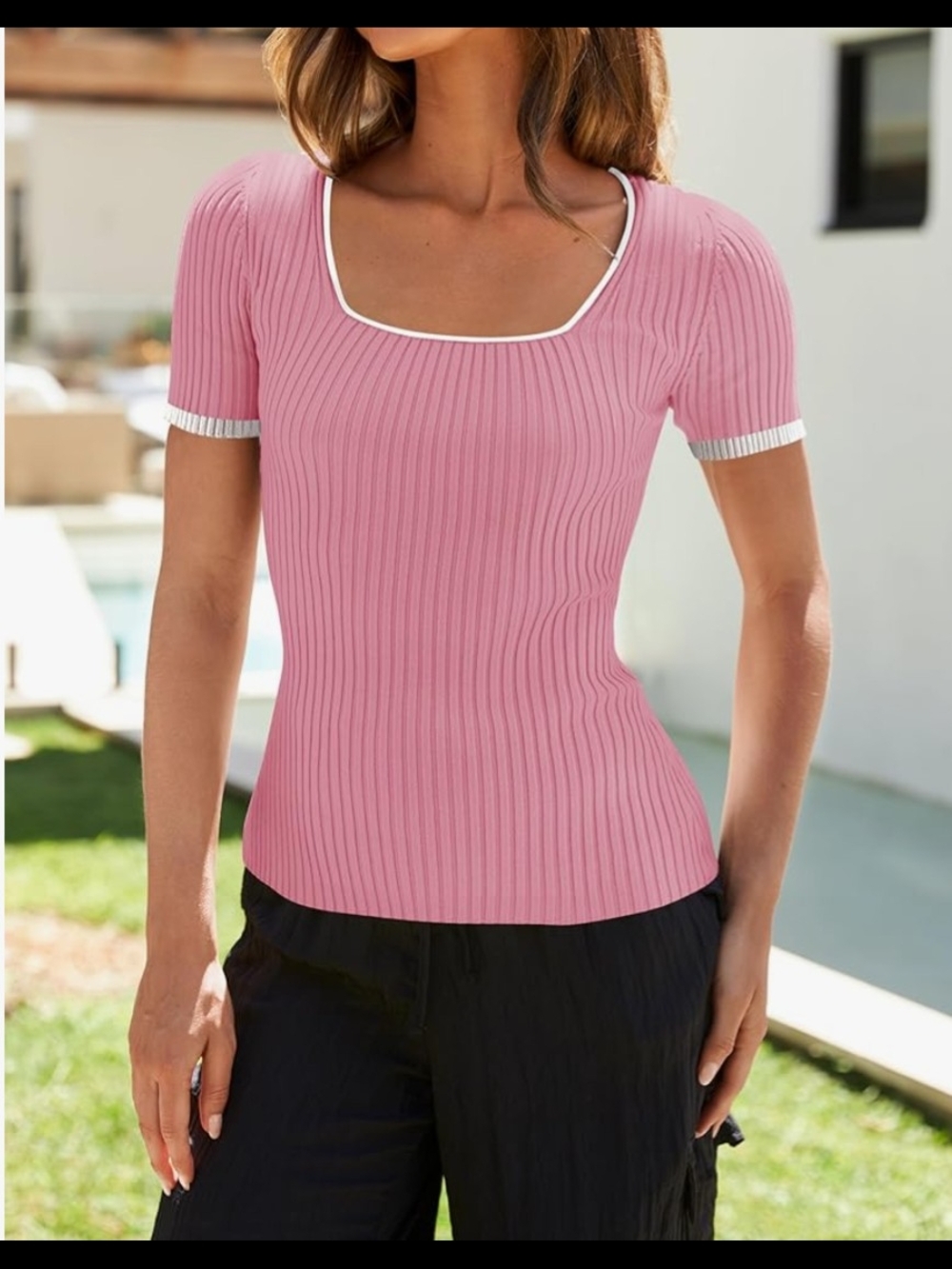Zesica Women’s Pink Ribbed Square-Neck Top - Medium